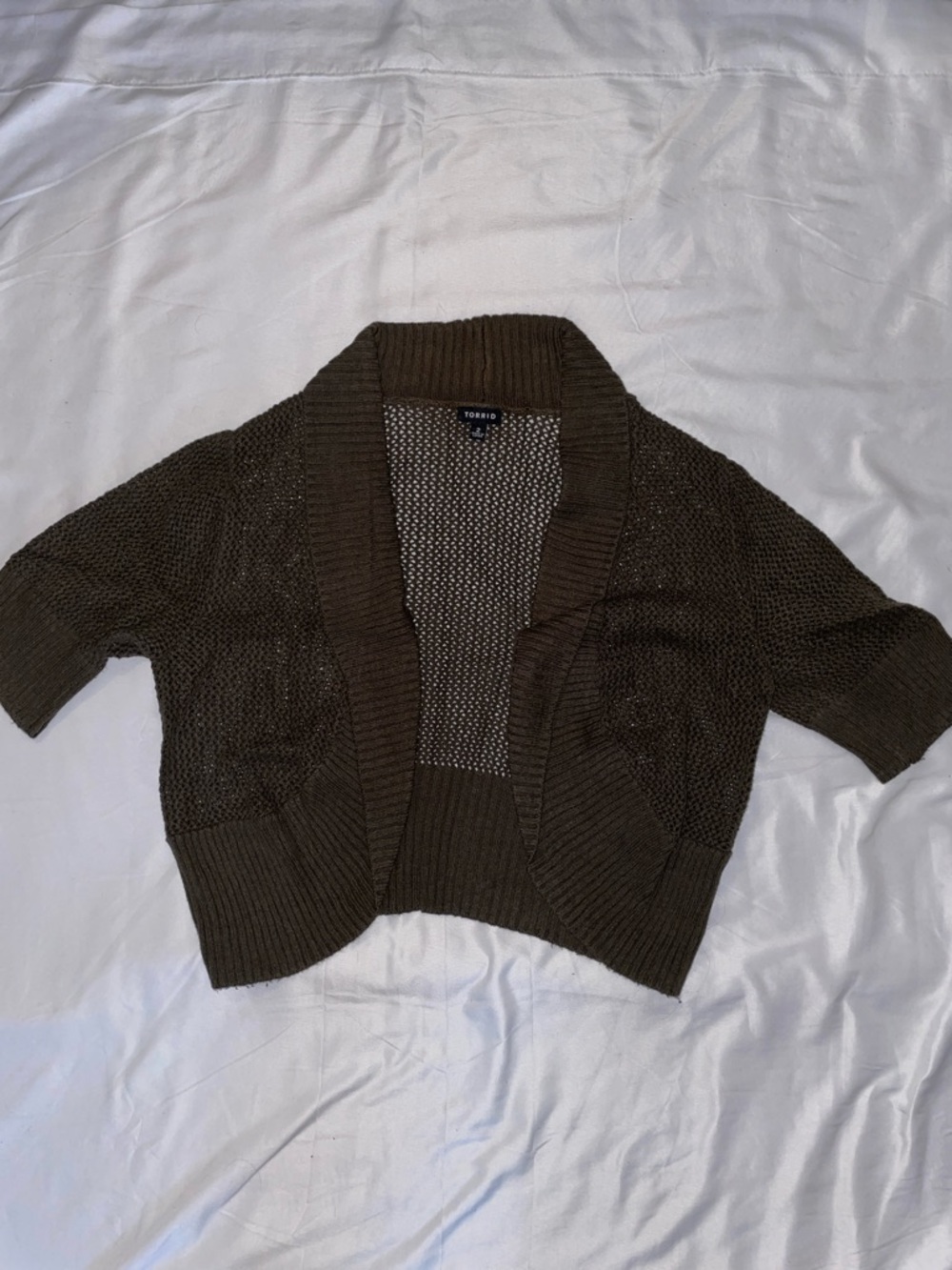 Torrid olive green open-front cropped knit cardigan